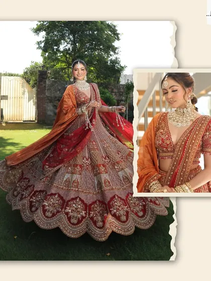 A collage showing the full grandeur of the red and orange bridal lehenga. You can see the flare of the skirt and a close-up of the detailed blouse embroidery.