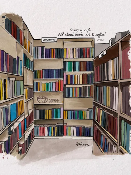 For all the book lovers, a sketch of the cozy Kunzum book cafe. This interior sketch shows how I can capture the atmosphere of an indoor space, filled with details and character.