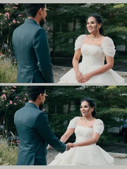 A beautiful two-panel shot capturing a couple's 'first look'. The genuine emotion and happiness are perfectly framed by the natural surroundings of our venue.