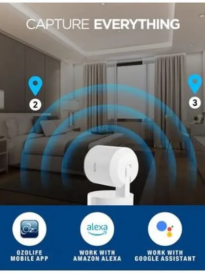The Ozone Smart Indoor Positional Camera is designed to 'Capture Everything'. Its wide-angle lens and positional movement provide comprehensive room coverage, and it integrates effortlessly with your smart home ecosystem, including the OzoLife app, Amazon Alexa, and Google Assistant.