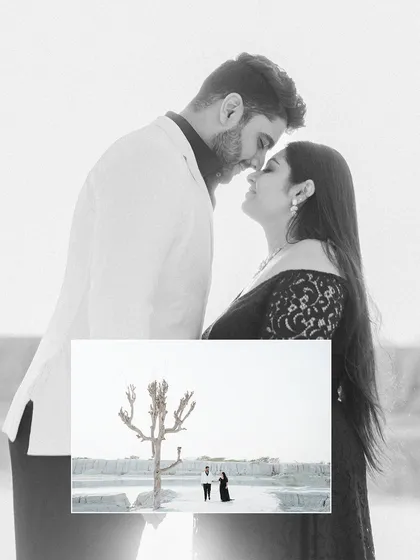 A creative collage that layers a close-up black and white portrait over a wide shot of the couple in the landscape.