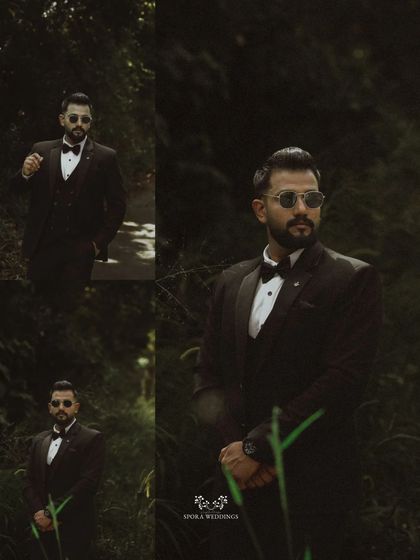 A collage of the groom looking dapper in his tuxedo, captured from different angles in a natural, outdoor setting.