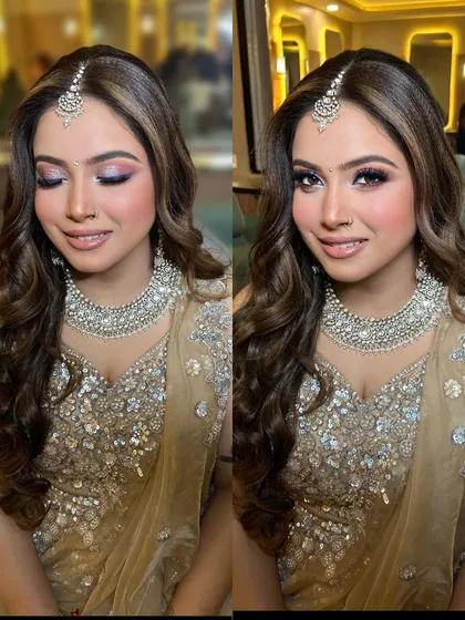 A collage of the makeup look, with eyes open and closed.