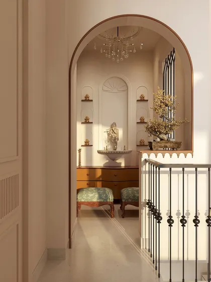 A duplicate of image 97, showing the tranquil and beautifully framed puja space.