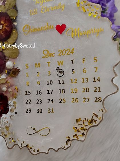A detailed shot of the calendar, with a ring icon marking the engagement date.