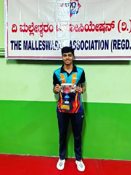 Aakash KJ with his trophy after winning the U19 title at the State Ranking Tournament held at The Malleswaram Association.