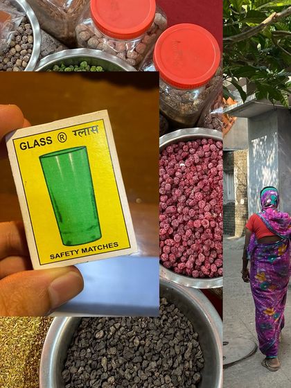 An eclectic mix from street markets, featuring a vintage matchbox, colorful berries, and a woman walking past.