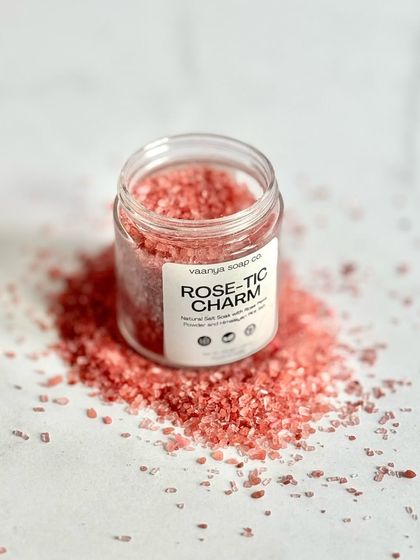 Another shot of our Rose-Tic Charm bath salts, ready to be added to a warm bath for a soothing soak.