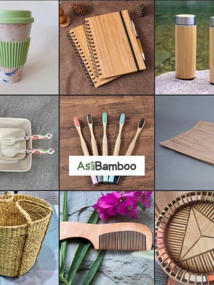 A collage of various everyday items reimagined with sustainable materials. It features our bamboo toothbrushes, flasks, and combs, alongside woven baskets and placemats, encouraging a shift away from single-use plastics.