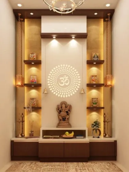 This is a full view of our pooja unit design, showcasing how the backlit Om mandala becomes the glowing heart of the space. Integrated lighting on the shelves and hanging lamps ensures the entire alcove is warm and inviting.
