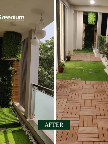 A side-by-side comparison of this balcony's journey. We combined durable wooden deck tiles with soft artificial grass and a custom vertical garden to create a space with distinct zones for relaxation and style.