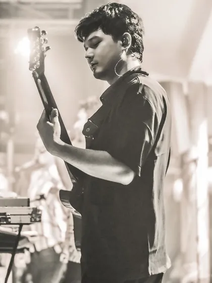 Our guitarist, Sanjeet, focused and in the zone. His skillful guitar work, from rock riffs to melodic solos, adds a layer of rock and roll edge to our Bollywood and pop sets.