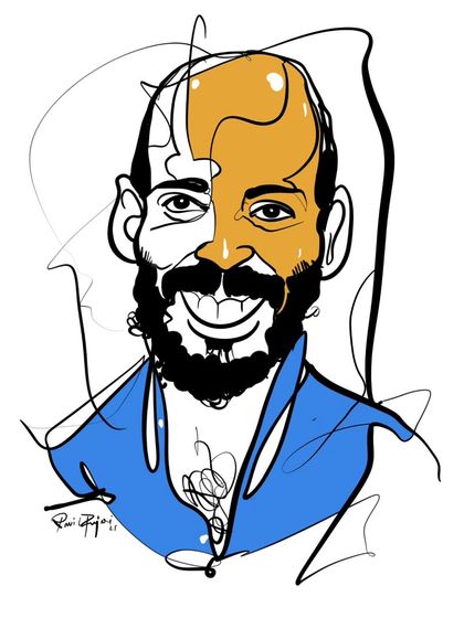 A quick, expressive line art sketch of actor and director Raj B. Shetty. I used minimal color to highlight his features and create a striking portrait.