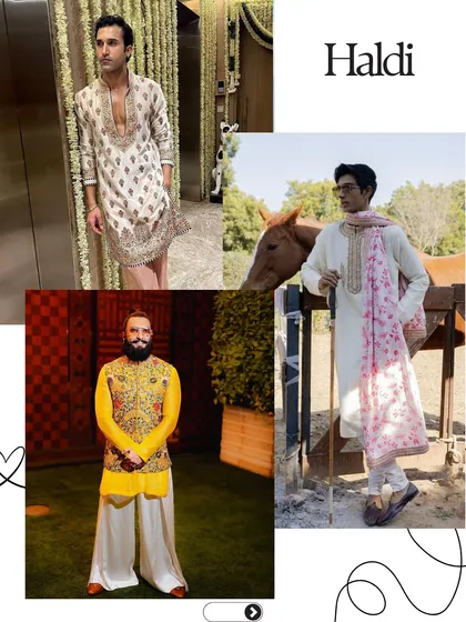Haldi looks for the modern groom. This collection features a classic yellow bandhgala with flared pants, a simple ivory kurta with a printed pink dupatta for a subtle touch of color, and an embroidered off-white kurta.