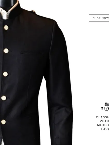 A classic black bandhgala is a staple in any man's wardrobe. Mine are tailored to perfection with a modern touch, ensuring a sharp and elegant silhouette.