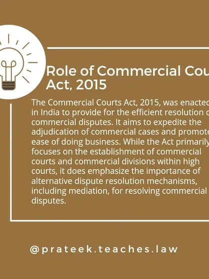 The Commercial Courts Act, 2015, was enacted to expedite the resolution of commercial disputes and emphasizes alternative dispute resolution methods like mediation.