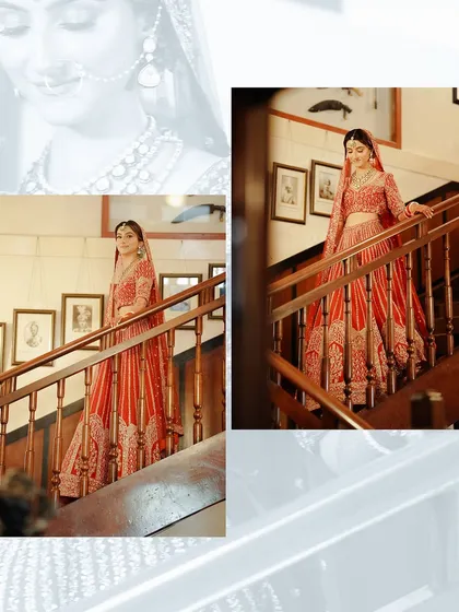 A collage of the bride posing on a wooden staircase. The classic setting of the heritage hotel complements her traditional red lehenga perfectly.