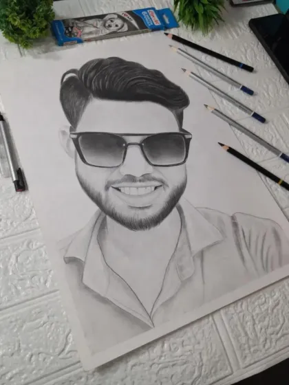 A close-up of the portrait with sunglasses, showing the shading on the face and hair.