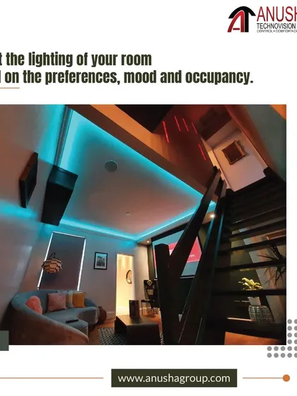 Automatic lighting control allows you to adjust the lighting of your room based on preferences, mood, and occupancy. This image shows how colored LED strip lighting can be used to instantly change the vibe of a space.