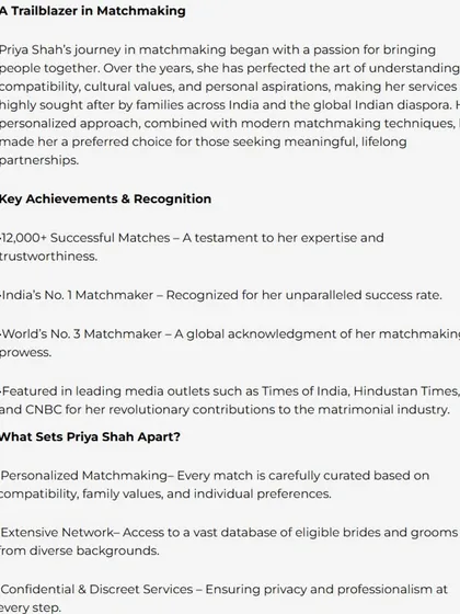 This feature in Ahmedabad Mirror acknowledges my key achievements, including over 12,000 successful matches and my global recognition. It explains what sets my service apart, from personalized matchmaking to my extensive and confidential network.