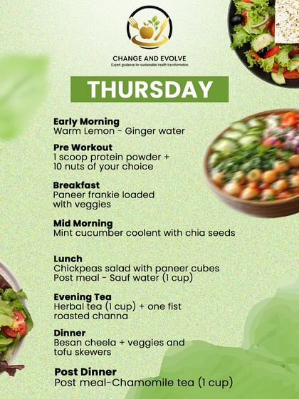An example from my Summer Diet Plan for a Thursday. It includes meals like a paneer frankie, chickpeas salad, and besan cheela, all designed to be gut-friendly and anti-inflammatory.