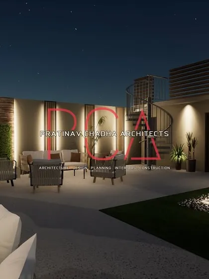 This visualization highlights the sculptural elements of the terrace garden, including a large Moai-style statue and a spiral staircase. These features add a unique, artistic touch to the outdoor space.