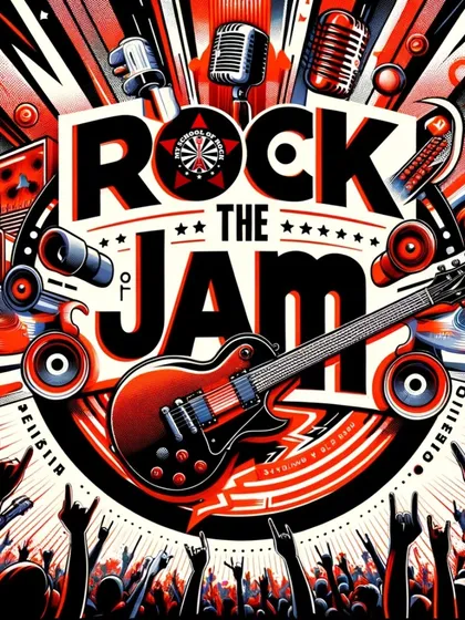 The poster for "Rock the Jam", inviting you to unleash your inner rockstar. Even if you're a shower singer, we'll back you up with a live band.