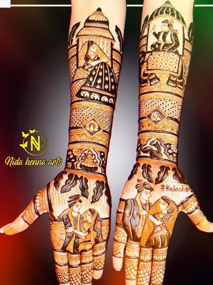 A customized bridal design featuring couple portraits on the palms and scenes of the doli and groom's procession on the arms.