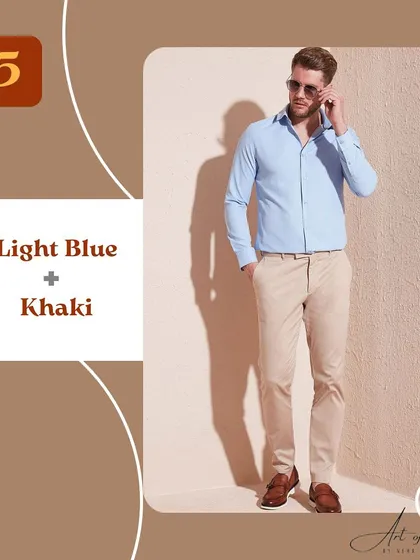 For the ultimate summer classic, pair light blue and khaki. A light blue shirt with khaki chinos is an effortlessly fresh and stylish combination.