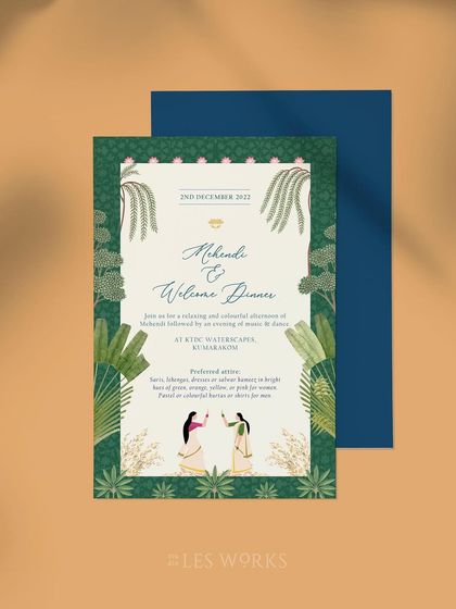 The Mehendi and Welcome Dinner invitation for the Kerala wedding. The design features illustrations of women in traditional attire, set against a rich green background that evokes the lush landscape.