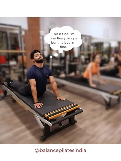 "This is fine. Everything is burning but I'm fine." A relatable thought for anyone, man or woman, pushing through a tough but rewarding set. Pilates challenges everyone.