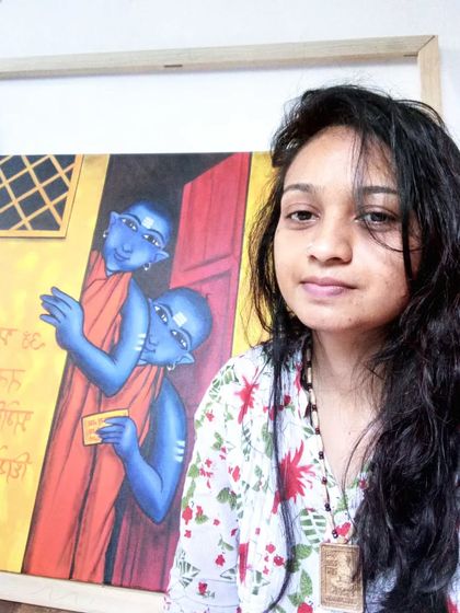 A selfie with my Indian culture canvas painting. This piece, with its vibrant blue figures and Devanagari script, is very close to my heart.