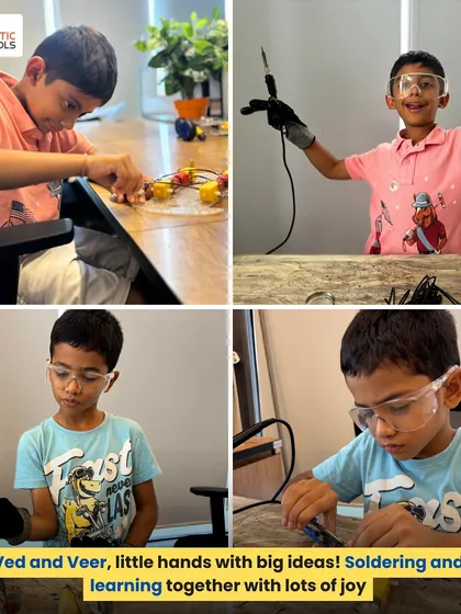 Here you can see Ved and Veer focused on soldering their project components. I make sure kids learn real engineering skills safely, using proper tools and with close guidance, so they can understand how electronics truly work.