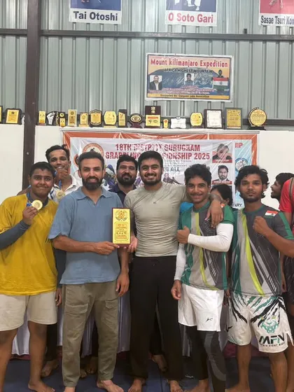 Our grappling team celebrating a 100% gold medal success rate at the District Gurugram Grappling Championship. This picture represents the dedication and hard work that leads to victory, a testament to our rigorous competition training program.