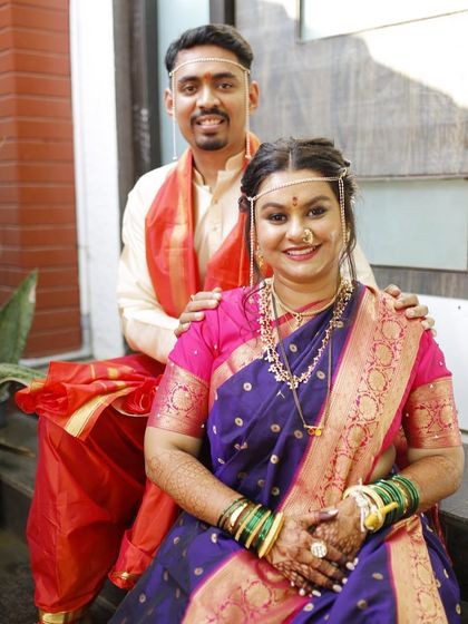 A happy couple portrait from a traditional Marathi wedding. I created a natural, glowing look for the bride in her purple navvari saree.