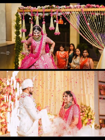 A collage showing the bride's playful dance during her entry and the serene moment of the couple together during the ceremony, capturing the range of emotions on the wedding day.