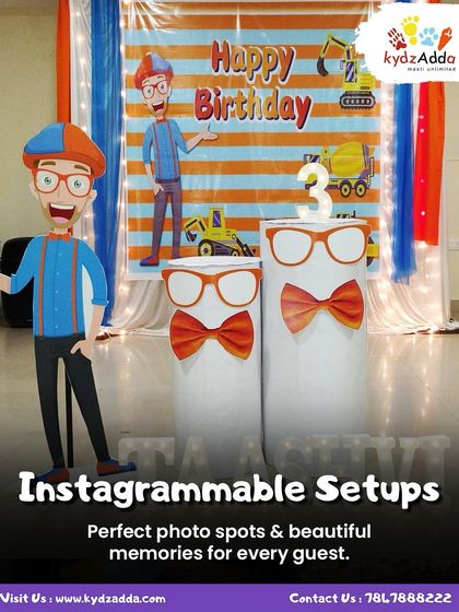 Here's a fun Blippi-themed setup, perfect for curious toddlers. The bright colors and familiar character cutouts create an Instagrammable spot for perfect photos and beautiful memories.