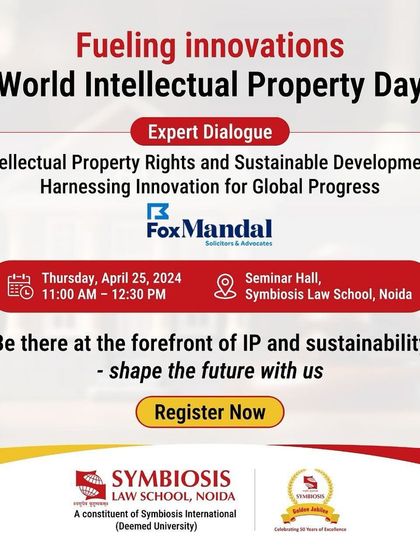 The official event flyer for our Expert Dialogue on IP Rights and Sustainable Development, held in collaboration with Symbiosis Law School, NOIDA.