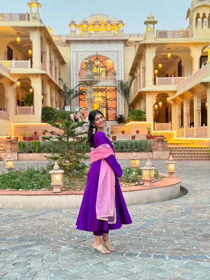This custom purple anarkali suit is a great example of bringing a vision to life. I worked with a homegrown brand to create this piece, perfect for a wedding guest look or a festive party. The color combination is both royal and unique.