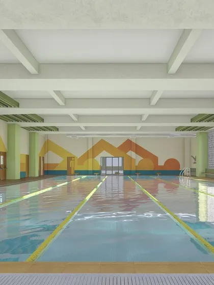 The swimming pool design for Delhi World Public School, Kolkata. The space is bright and airy, with colorful wall graphics adding a sense of energy and fun.