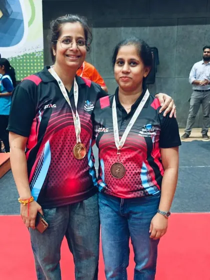 Our veteran champions, Mradula Pastor and Jamini Goel, with their Gold and Bronze medals from the UP State Ranking tournament.