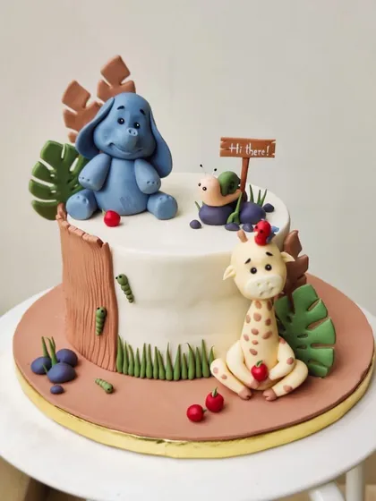 Another adorable animal-themed custom cake, showcasing handcrafted fondant figures like an elephant and a giraffe. It's not just a cake; it's an expression of love for that special someone's birthday.