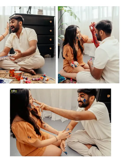 A collage of playful moments from the studio painting session, showing the couple getting messy and having fun together.