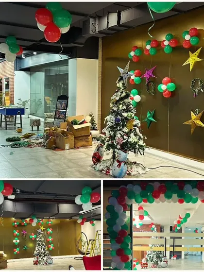 I can bring the festive spirit right into your office. This collage shows a Christmas decoration project where I used classic red, green, and white balloon arrangements, wall decor, and a fully decorated Christmas tree to create a cheerful holiday environment for the employees.