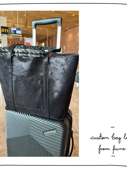 A custom tote bag for our patron Payal, ready for travel. This bag features a combination of our metallic Galaxy leather and a tweed-like fabric panel.