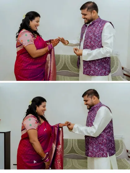 A two-photo sequence of Milind and Anushree's ring exchange during their at-home engagement ceremony, capturing the simplicity and joy of the moment.