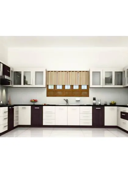 This 3D render shows a spacious U-shaped modular kitchen design. The two-tone cabinet combination of dark wood and white creates a classic contrast, while the layout provides ample counter space and storage.