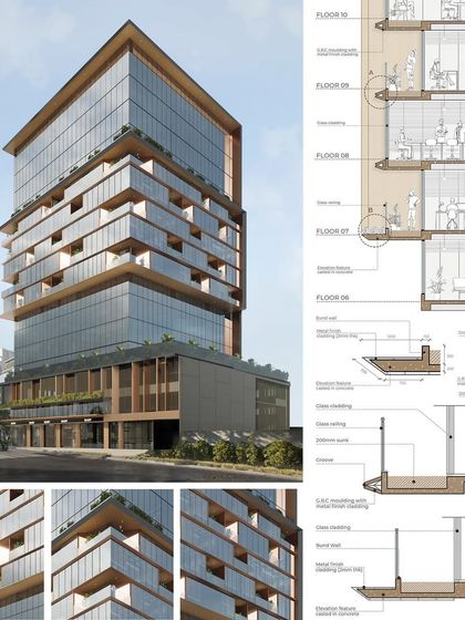 This presentation board details a commercial development in central Mumbai. It showcases the architectural render alongside detailed sectional drawings, illustrating how we integrate skewed balconies and shuffling decks to create a dynamic and functional office building.