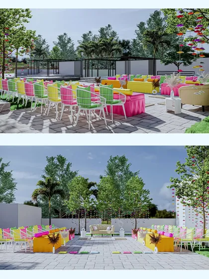 You don't have to guess what your dream wedding will look like. I provide detailed 3D renders of the decor, and here you can see how the vibrant vision for this Mehendi was brought to life, exactly as planned.