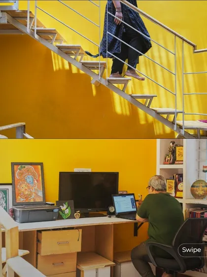 A collage showing a resident using the floating staircase and another working at a desk integrated into the library shelving. This highlights the home's multi-functional design.